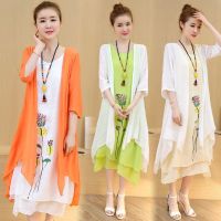 2021夏装新款民族风胖女人遮肚大码显瘦棉麻套装连衣裙亚麻两件套