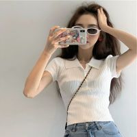 白色冰丝针织修身polo小衫紧身高腰露脐短袖t恤女短款bm上衣法式