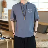 亚麻短袖t恤男夏季半袖中国风体恤唐装复古胖子棉麻套装男装衣服