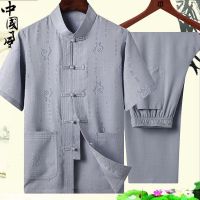 中老年人唐装短袖老人衣服爷爷装休闲套装中国风男士上衣爸爸夏装