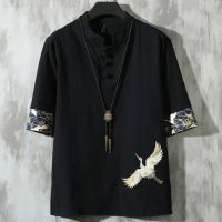 夏季薄款亚麻短袖t恤男中国风仙鹤刺绣棉麻料潮宽松古风上衣服