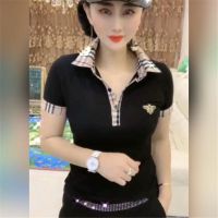 棉贴标小蜜蜂拼接格子polo领短袖t恤女夏季修身显瘦洋气打底衫