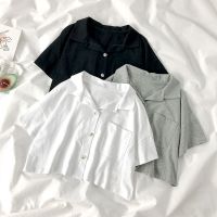 短款露脐上衣女夏季2021新款韩版短袖polo衫学生宽松白色衬衫