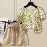 套装女夏洋气显瘦减龄碎花短袖雪纺衫薄款工装阔腿热裤短裤两件套