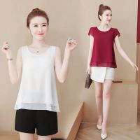 春夏双层雪纺圆领吊带背心女内穿宽松遮肚大码百搭外穿短袖雪纺衫