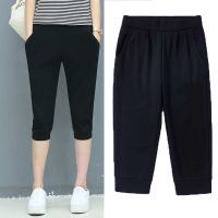 休闲运动七分裤女夏宽松胖妹妹薄款跑步矮个子哈伦黑色裤子女中裤