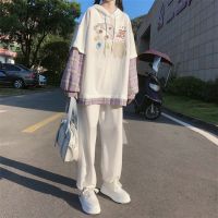 秋冬季日系套装女学生韩版宽松连帽格子拼接卫衣束脚休闲裤两件套