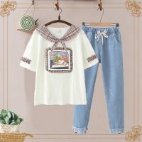 日系少女软妹套装女夏季韩版初中高中学生短袖牛仔裤休闲两件套潮