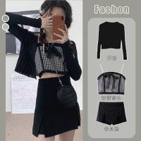 套装女2021春秋新款时尚针织开衫辣妹格子吊带高腰半身裙裤三件套