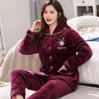 珊瑚绒睡衣女士冬季中老年妈妈三层夹棉加厚保暖法兰绒家居服套装