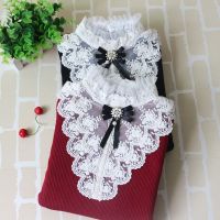 秋冬韩版加绒加厚立领蕾丝花边蝴蝶结打底衫毛衣长袖修身套头女