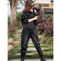 百搭牛仔外套女2020秋季加厚保暖高腰工装牛仔裤两件套装