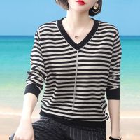 棉毛衫2019新款洋气女士毛衣春秋季针织衫薄款宽松大码条纹打底衫