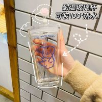 ins风带盖玻璃杯牛奶水杯吸管刻度韩版可爱女生耐高温喝水