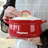 彩虹陶瓷可爱泡面碗带盖学生宿舍日式方便面碗筷套装大碗汤碗家用