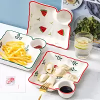 日式手绘可爱饺子盘陶瓷家用带醋碟分格碟子水饺盘子托盘餐具菜盘