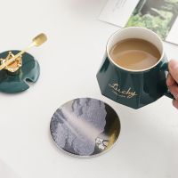 钻石马克杯带盖勺北欧ins风陶瓷咖啡杯来图大容量水杯