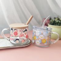 ins玻璃杯吸管牛奶早餐杯甜品杯可爱印花刻度杯子加盖勺女生礼物