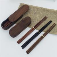带胡桃木盒折叠筷檀木鸡翅木筷可折叠筷子木餐具抽拉盒套装