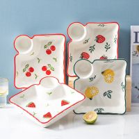 日式手绘可爱饺子盘陶瓷家用带醋碟分格碟子水饺盘子托盘餐具菜盘