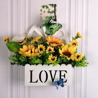 挂墙仿真花套装塑料假花小装饰品摆件家居客厅栅栏墙面壁挂件花篮 LO\/E挂墻(大小太阳花)