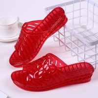 凉鞋女夏季2021新款水晶厚底坡跟露趾果冻高跟时尚妈妈防滑凉拖鞋[1月1日发完] [SD-2168水晶坡跟女拖]红色 3