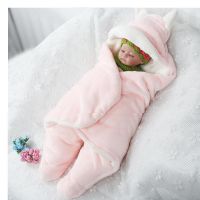 新款婴儿用品分腿睡袋法兰绒宝宝秋冬加厚抱毯新生儿抱被防踢包被 粉 70cm