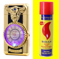 新款七彩灯真表电子手表充气打火机防风气体个性创意金属直冲刻字 金色牛] [单机版