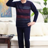 中老年人保暖内衣男加绒加厚秋衣秋裤套装爸爸加大加肥中高低领冬 低圆领藏青512-1- M 80-100斤