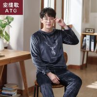 睡衣男冬天加厚可外穿春秋季珊瑚绒加绒保暖长袖法兰绒家居服套装 深灰小鹿套头T611 L码 (体重100-125斤)