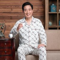 中老年人爸爸睡衣男春秋季棉质长袖中年男式加大码开衫家居服套装 801红色 L(建议100-125斤)