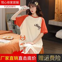 睡衣女夏季两件套装高档棉质可爱短袖短裤韩版长款学生薄款家居服 A11621 M 75-95斤