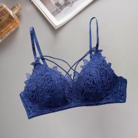 夏季无钢圈少女刺绣文胸薄款聚拢性感小胸收副乳内衣女内裤套装女 蓝色[单件] 32/70A