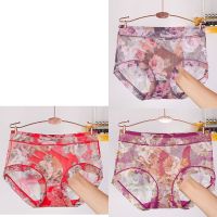 中腰性感大码女士内裤女蕾丝性感无痕抗菌镂空透明三角裤头女内裤 9012红色+豆沙+紫色3条 XL 130斤-145斤