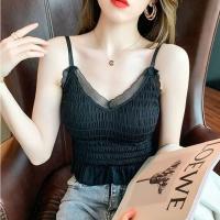 新款吊带打底美背小背心蕾丝边带胸垫时尚潮流短款上衣夏 黑色 均码(80-130斤)
