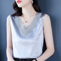 蕾丝吊带背心女外穿春夏新款百搭宽松大码绸缎面内搭v领无袖上衣 灰色 M