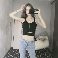 时尚新款内搭打底性感小香风拉链开胸露肚脐短款吊带小背心上衣女 黑色 均码