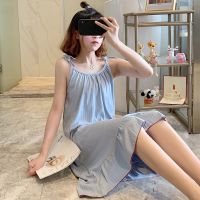 睡裙女夏季可外穿睡衣甜美夏季ins可爱学生公主风少女短袖家居服 优质版[纯色吊带]蓝色 M 80-95斤