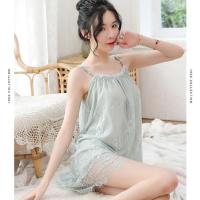 超仙女的睡衣睡裙女甜美家居服性感睡衣女夏学生韩版可爱蕾丝吊带 绿宝石 S 80--105斤