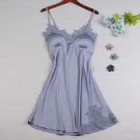 睡衣女夏吊带睡裙性感蕾丝带胸垫韩版聚拢修身冰仿真丝绸家居服 LY102花边吊裙蓝灰色 M