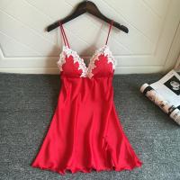 带胸垫仿真丝睡衣女夏天性感诱惑蕾丝边吊带睡裙学生冰丝绸家居服 大红色 M码建议体重100斤以下