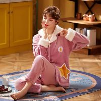 南极人加厚法兰绒睡衣女士秋冬季长袖珊瑚绒套装大码女中老家居服 豆沙色五角星小菊花 M(80-100斤)可穿