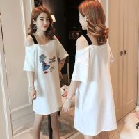 短袖睡衣女夏性感露肩T恤中长款宽松睡裙大码可外穿家居服连衣裙 白色(猫咪女孩) M
