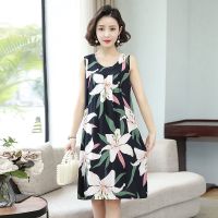 中老年女装无袖睡裙女夏棉绸中年妈妈宽松绵绸家居服睡衣连衣裙子 花色1 L建议100斤以内