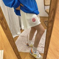 华夫格刺绣短裤2021新款裤子女宽松百搭潮流学生五分裤直筒休闲裤 白色 [无色差 不透] S