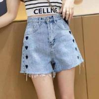 高腰爱心刺绣牛仔裤女夏装2021年新款韩版百搭显毛边短裤a字热裤 浅蓝色 S
