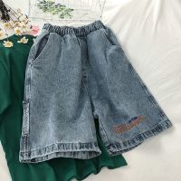 新款民族风牛仔短裤女夏破洞宽松大码绣花五分裤胖MM松紧腰直筒裤 五分裤[8818#] M [85-105斤]