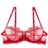 春夏透明透视性感超薄款内衣花卉刺绣文胸无海绵胸罩薄款有钢圈女 红色[单件] 32B/70B