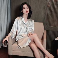 夏天衬衫睡裙女睡衣薄款七分袖冰丝春秋中长裙丝绸宽松衬衫家居服 衬衫睡裙气质灰 7分袖 M