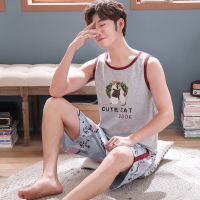 男士睡衣夏季棉质短袖卡通青少年男式夏天薄款大码家居服学生套装 [特价款] LS825看书猫背心 少年版M码[70-90斤